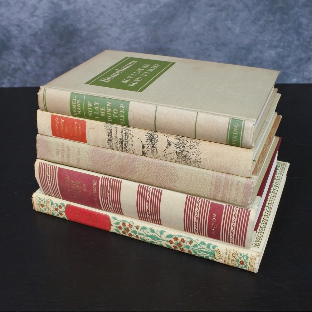 Vintage Hardcover Set Beige Red Green Old Book Stack